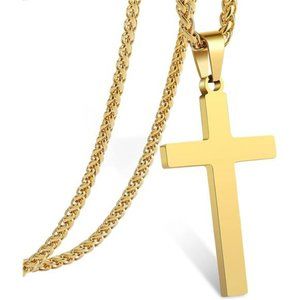 Men's Stainless Steel Cross Pendant Chain Necklace Gold Jewelry Religious Gift